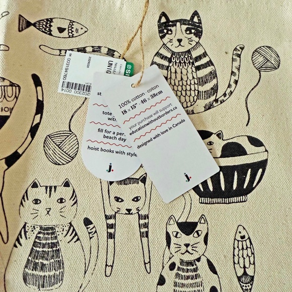 TOTE, MANY CATS, BLACK & BEIGE, TWO CLOTH HANDLES, 100% COTTON, SIMONS DANICA - Picture 7 of 7